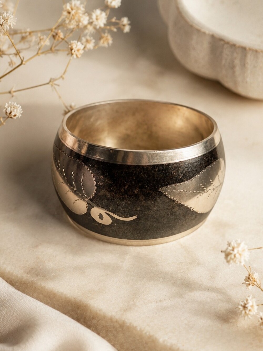 Vintage Brass Wide Bangle Bracelet with Etched Floral Detailing